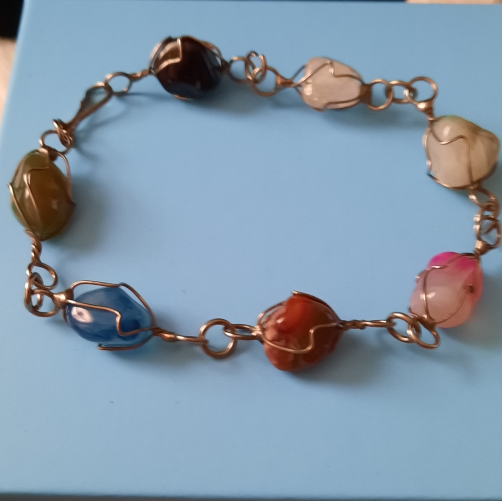 Vintage caged agate/quartz Gem banded stone bracelet 8in